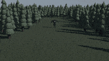 a cartoon of a man walking through a forest with lots of trees