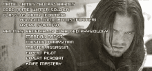 a black and white photo of bucky barnes with a list of abilities
