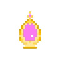 a pixel art illustration of a gold pendant with a pink circle in the middle on a white background .