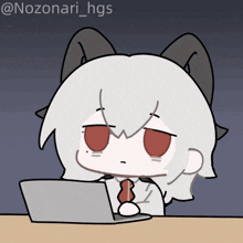 a cartoon of a girl with horns sitting in front of a laptop with the hashtag nozonari_hgs