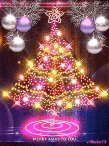 a colorful christmas tree with a star on top and the words merry xmas to you