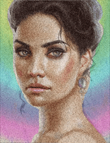 a close up of a woman 's face with a multicolored background