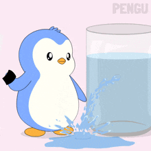 a black and white drawing of an igloo in a glass of water with pengu written on the bottom
