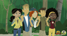 a group of cartoon characters are standing next to each other with a pbs kids logo in the corner