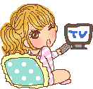 a pixel art of a girl holding a remote control in front of a television