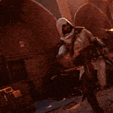 a man is standing in front of a fire in a video game