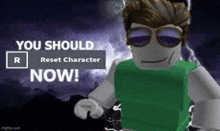 a roblox character is wearing sunglasses and a green shirt and pointing at the camera .