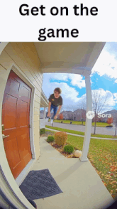 a picture of a boy jumping in front of a door with the words get on the game on the bottom