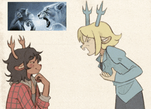 a drawing of a monkey and a girl with antlers standing next to each other