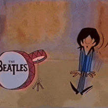 a cartoon of a man jumping in the air in front of a drum that says the beatles