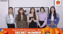 a group of girls standing next to each other with the words super k-pop female group - winner secret number
