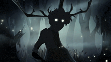 a silhouette of a person with antlers and glowing eyes in a dark forest