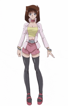 a girl in a pink jacket and pink shorts