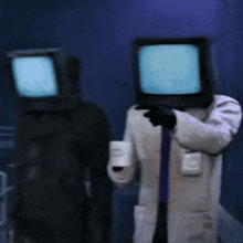 a man in a lab coat is holding a cup of coffee while standing next to another man with a television head .