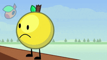 a yellow apple with a green leaf on top of it