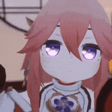 a close up of a girl with pink hair and purple eyes in a video game .