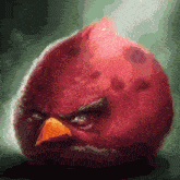 a painting of an angry bird with an orange beak and a green background