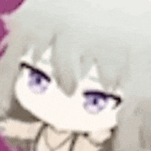 a close up of a person 's face with purple eyes and gray hair .