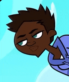 a close up of a cartoon character 's face with a blue sky in the background