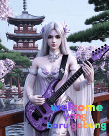 a girl is holding a purple guitar with the words welcome yang baru gadung written below her