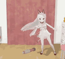 a 3d anime girl is dancing in a room with a pink curtain behind her .