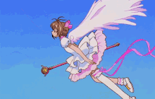 a girl with wings and a pink bow on her hair is holding a wand