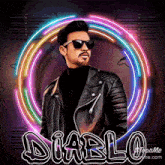 a man wearing sunglasses and a leather jacket stands in front of a neon circle that says diablo