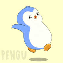 a cartoon penguin is standing in front of a yellow background that says pengu