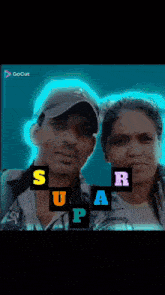 a man and a woman are standing next to each other with the letters sr and a on their heads