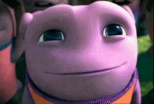 a close up of a purple cartoon character 's face with blue eyes
