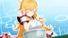 a girl with long blonde hair is sitting at a table with a bowl of noodles