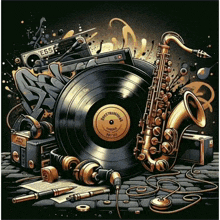 an illustration of a saxophone headphones and a record that says " orchestra " on it
