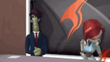 a man in a suit and tie stands next to a woman with red hair