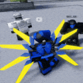 a blue robot with yellow wings is surrounded by other robots with the name sabiro on the bottom left