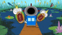 a cartoon drawing of a blue train with a cannon on top of it in a swamp .