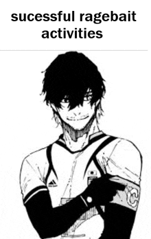 a black and white drawing of a soccer player with the words `` successful ragebait activities '' written above him .