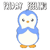 a blue and white penguin with the words friday feeling below it