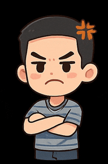 a cartoon drawing of a man with his arms crossed and an orange flower on his forehead
