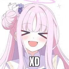 a girl with pink hair is smiling and has the word xd written next to her