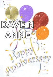 a happy anniversary card with balloons and confetti