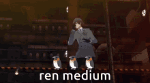 a cartoon of a man with penguins behind him and the words ren medium below him