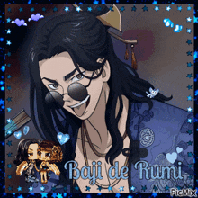 a picture of a man with long hair and sunglasses with the words baju de rumi written below him