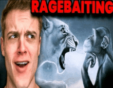 a man stands in front of a painting of a lion and a monkey with the words ragebaiting on the bottom