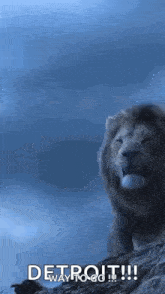 a lion is standing on top of a rock with the words `` detroit way to go '' written on the bottom .