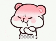 a pink teddy bear is making a funny face with his arms crossed and says nnnno .