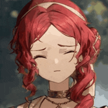 a girl with red hair is wearing a choker and a headband .