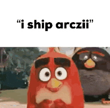 a red angry bird is standing next to a black angry bird in a cartoon .