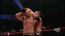a blurred image of two men wrestling in a ring with a crowd in the background