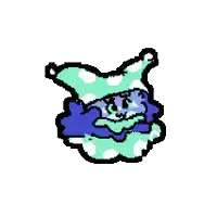 a pixel art drawing of a clown wearing a polka dot hat and a blue and green outfit .
