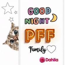 a cat peeking over a sign that says " good night pff family "